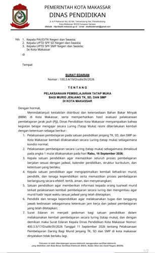 BBM Berangsur Stabil, Disdik Makassar Kembalikan Pembelajaran Tatap Muka